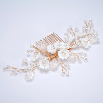 Ceramic White flower In Crystal's Shimmering Garden Hair comb, Bridal Hair piece, Bridal Hair Accessories, Wedding Hair Accessory.